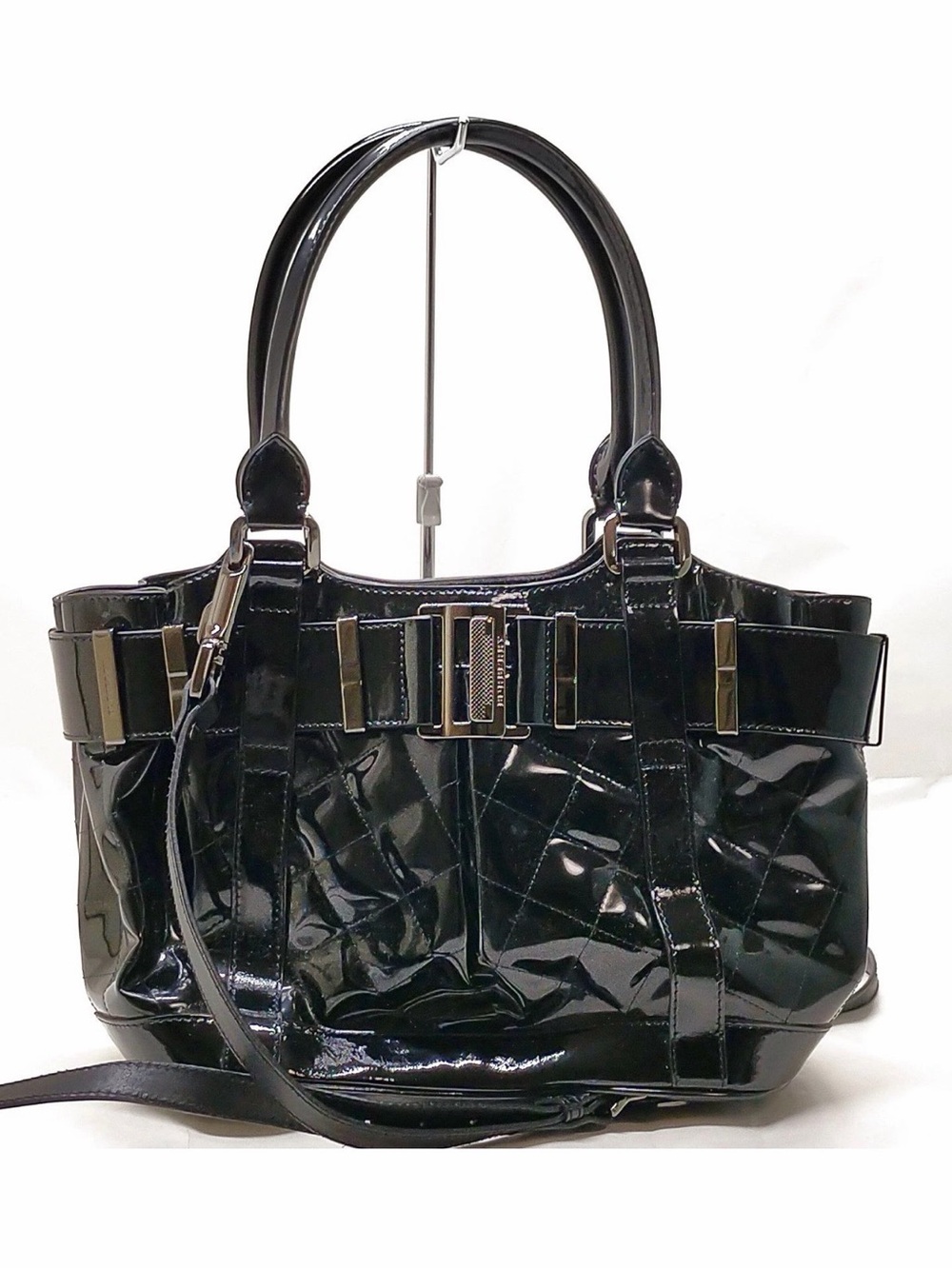 Burberry Black Patent Quilted Two-Way Large  Tote Metal Accents with Strap & Tag